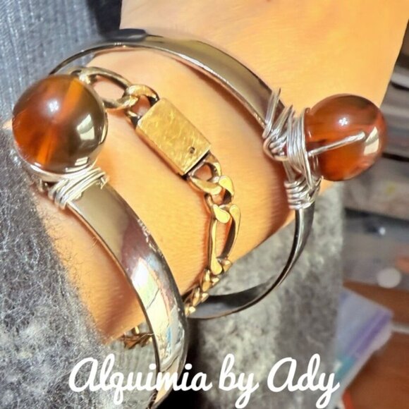 Brutalist style Baltic amber silver chunky bracelets - Picture 3 of 3